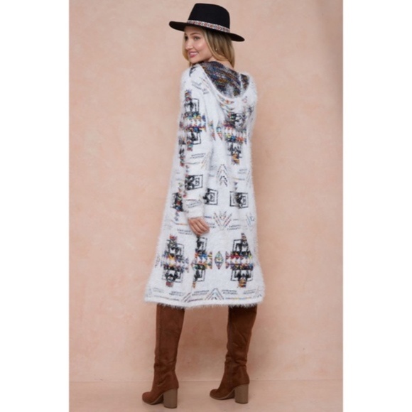 Aztec Rainbow Boho Cowichan Jacquard Eyelash Fuzzy Cardigan Knit Sweater - Picture 6 of 7